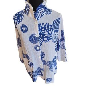 Terra SJ Apparel Womens Abstract Button-up 3/4 Sleeve Blouse White Blue Small
